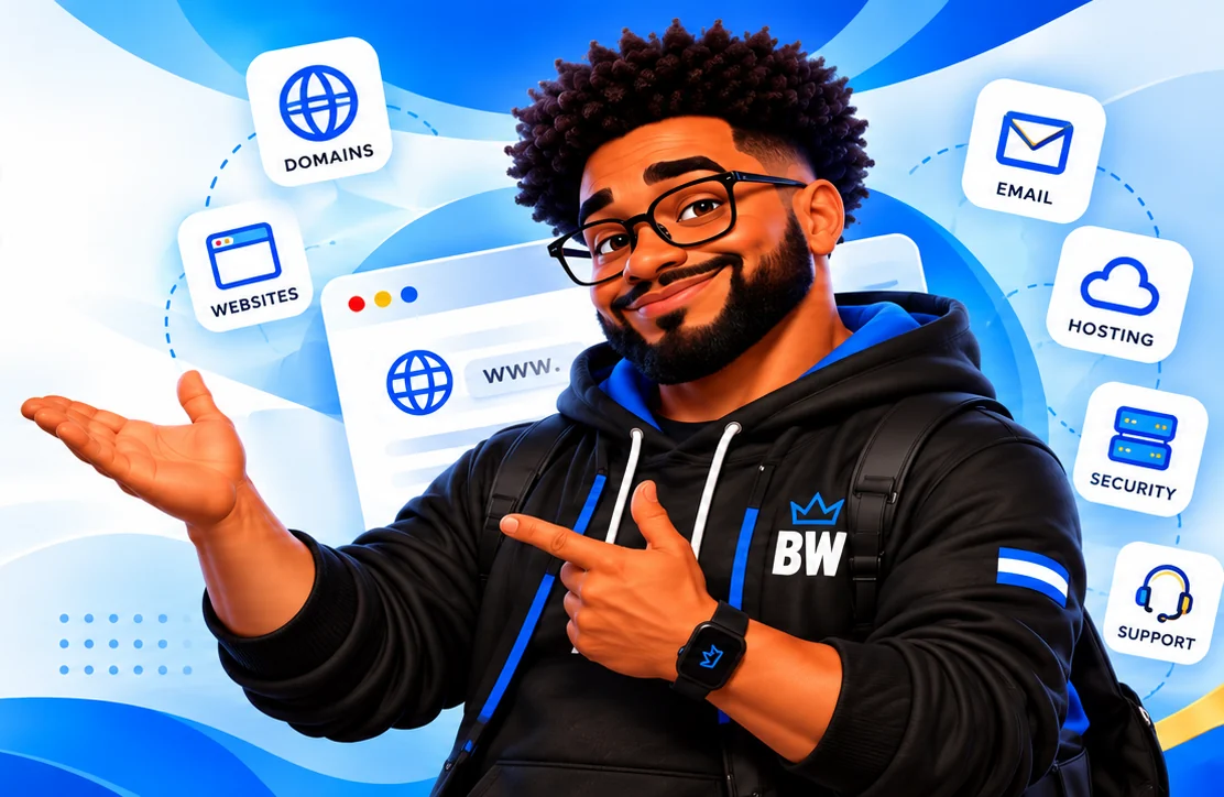 Big Webster mascot presenting domains, websites, email, hosting, security, and support